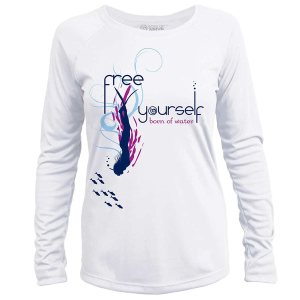 Free Yourself: Womens UV UPF 50+ Performance Shirt: White