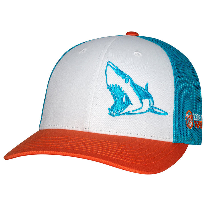 Mako Shark Scuba Diving Trucker Hat - White/Blue/Orange - Front
