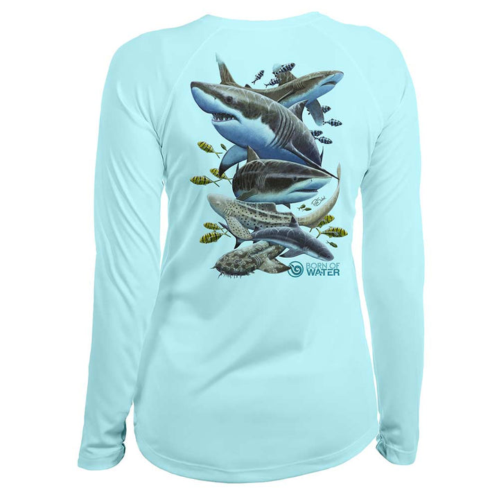 Misunderstood Beauty: Women's Shark Scuba Diving UV UPF 50+ Performance Shirt: Lt. Blue - Back