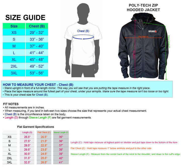 Speared PolyTech Jacket Size Chart