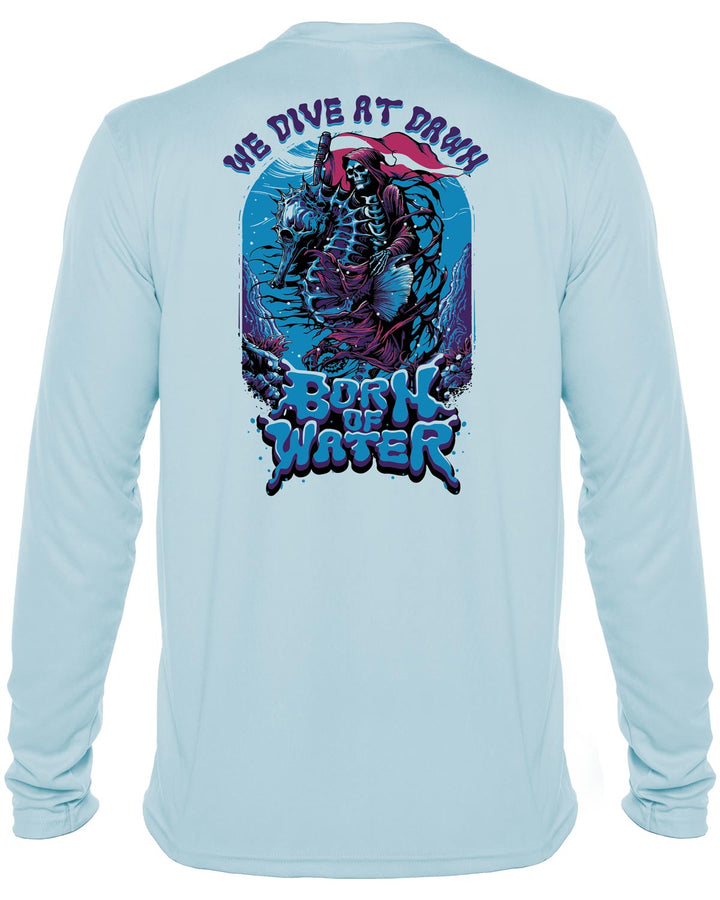 We Dive At Dawn - Grim Reaper : Men's UV UPF 50+ Rashguard Shirt: Lt. Blue - Back