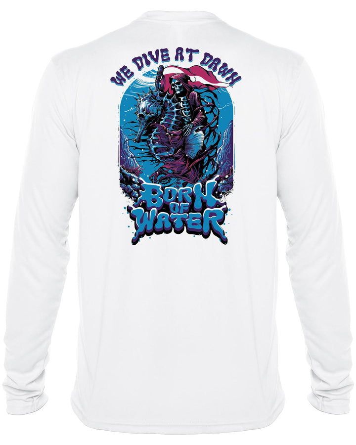 We Dive At Dawn - Grim Reaper : Men's UV UPF 50+ Rashguard Shirt: White - Back