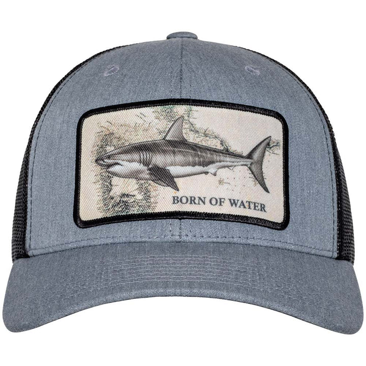 Great White Shark Scuba Diving Trucker Hat - Heather Gray/Black - Front