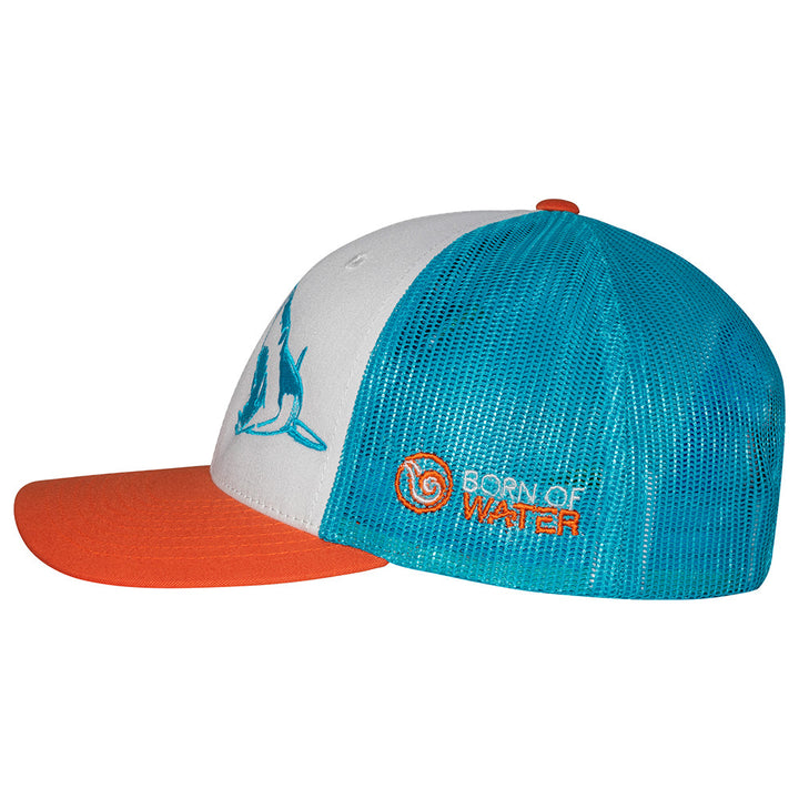 Mako Shark Scuba Diving Trucker Hat - White/Blue/Orange - Side