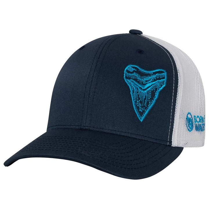 Megalodon "MEG" Shark Tooth Trucker Hat - Navy White