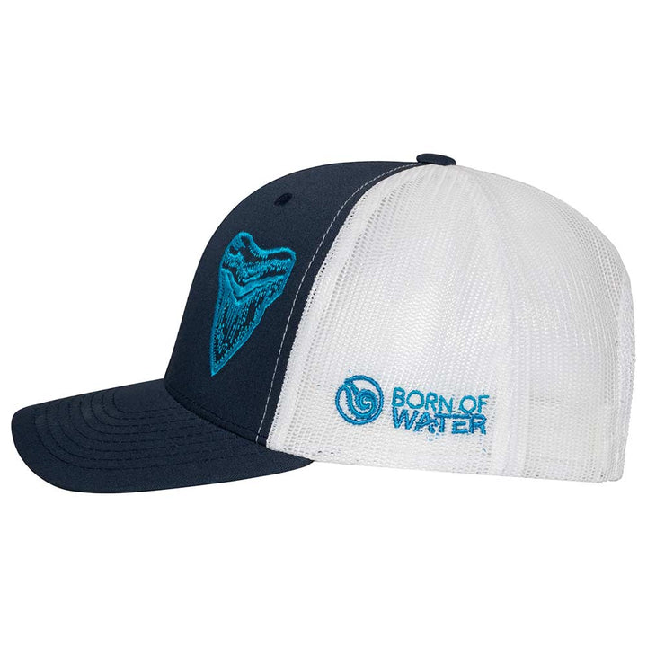 Megalodon "MEG" Shark Tooth Trucker Hat - Navy/White - Side