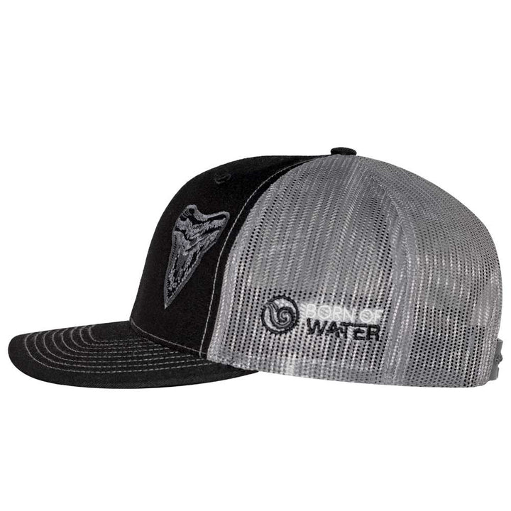 Megalodon "MEG" Shark Tooth Trucker Hat - Black/Charcoal - Side