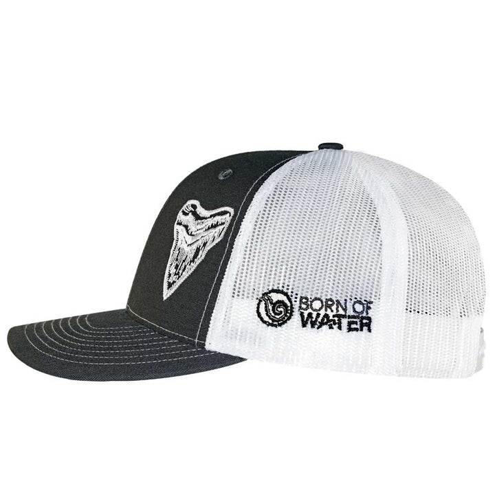 Megalodon "MEG" Shark Tooth Trucker Hat - Gray/White - Side