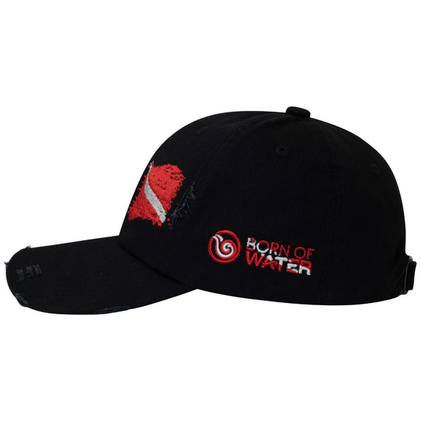 Scuba Diving Hat: Ripped Dive Flag Distressed Hat - Side - Black - Red Flag