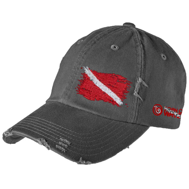 Scuba Diving Hat: Ripped Dive Flag Distressed Dad Hat - Gray - Red Flag
