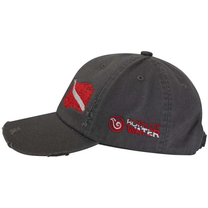Scuba Diving Hat: Ripped Dive Flag Distressed Hat - Side - Gray - Red Flag