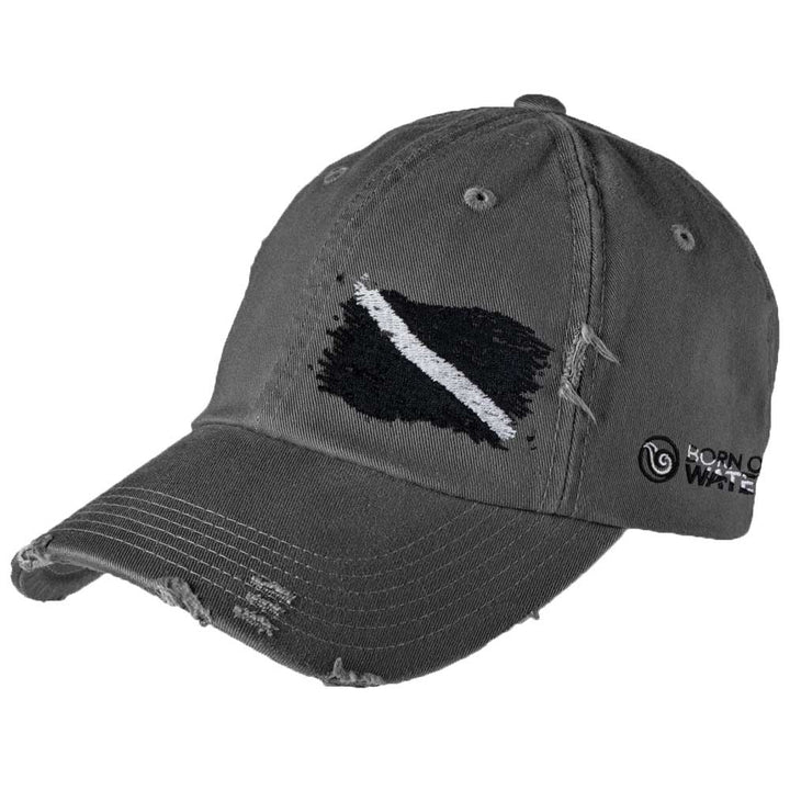 Scuba Diving Hat: Ripped Dive Flag Distressed Dad Hat - Gray - Black Flag
