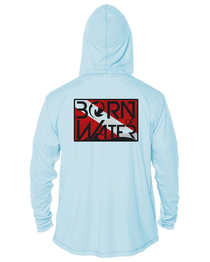 Circling Hammerhead Dive Flag UV UPF 50+ Protection Hoodie Up: Lt. Blue - Back