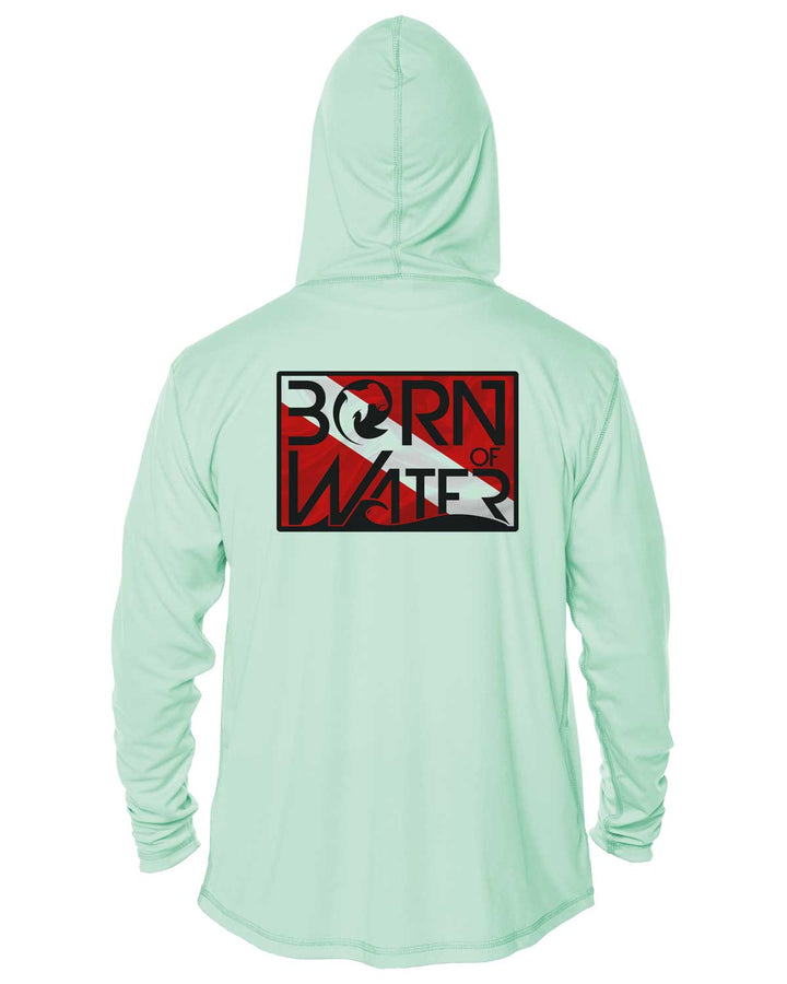 Circling Hammerhead Dive Flag UV UPF 50+ Protection Hoodie Up: Seagreen - Back