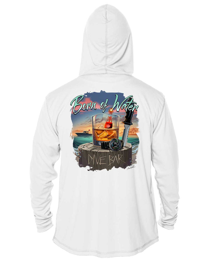 Scuba Dive Bar: UV UPF 50+ Protection Hoodie Up: White - Back