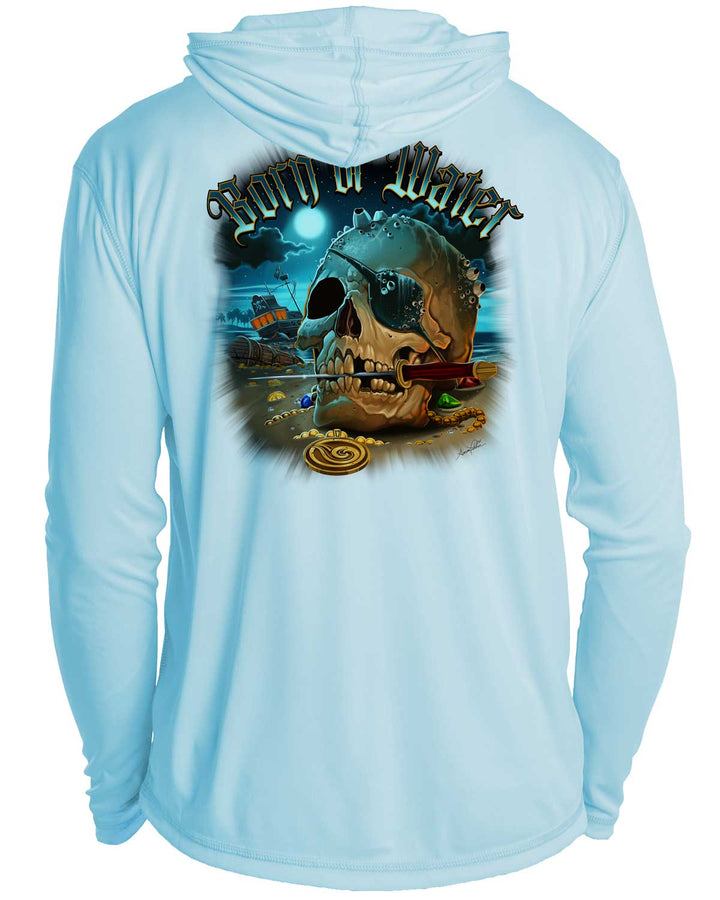 Pirate Skull UV UPF 50+ Protection Hoodie Down: Lt. Blue - Back