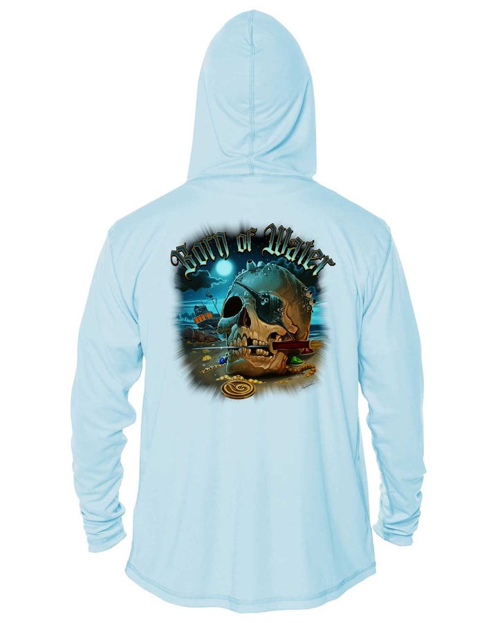 Pirate Skull UV UPF 50+ Protection Hoodie Up: Lt. Blue - Back