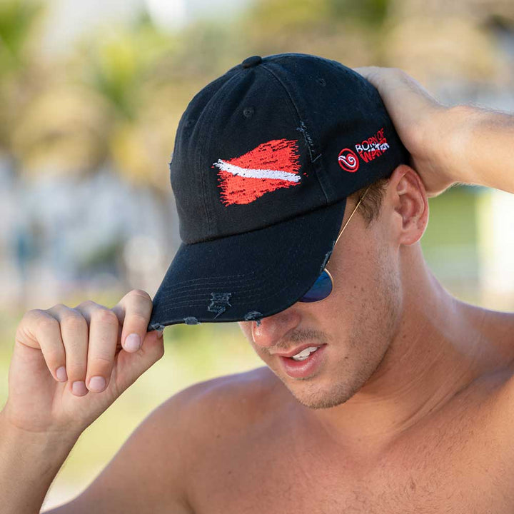 Scuba Diving Hat: Ripped Dive Flag Distressed Dad Hat - Black - Red Flag - Beach