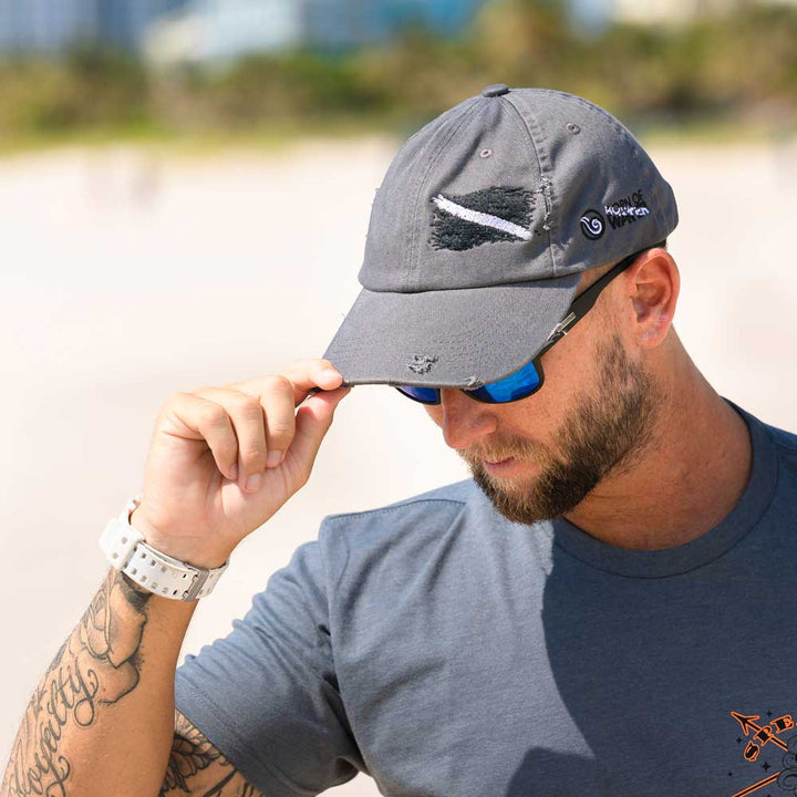 Scuba Diving Hat: Ripped Dive Flag Distressed Dad Hat - Gray - Black Flag - Beach