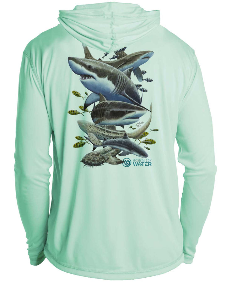 Shark Scuba Diving UV UPF 50+ Protection Hoodie Down: Seagreen - Back