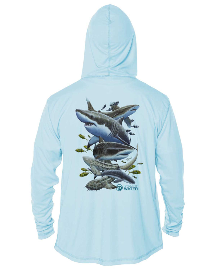 Shark Scuba Diving UV UPF 50+ Protection Hoodie Up: Lt. Blue - Back