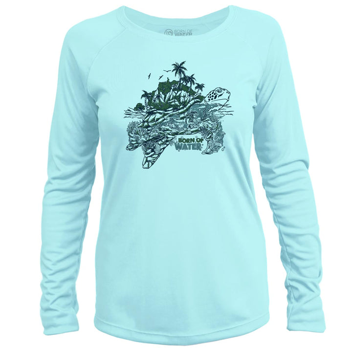 Women's Green Sea Turtle Scuba Diving UV UPF 50+ Performance Shirt: Lt Blue - Front