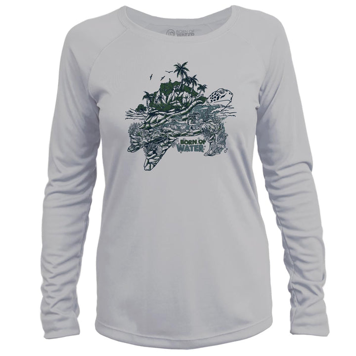 Women's Green Sea Turtle Scuba Diving UV UPF 50+ Performance Shirt: Gray - Front