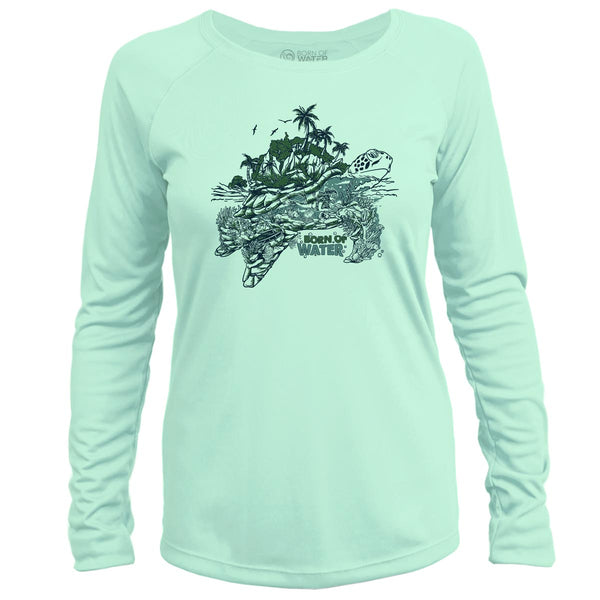 Women's Green Sea Turtle Scuba Diving UV UPF 50+ Performance Shirt: Seagreen - Front