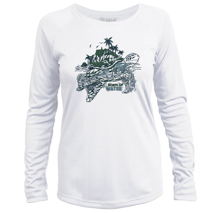 Women's Green Sea Turtle Scuba Diving UV UPF 50+ Performance Shirt:  White - Front