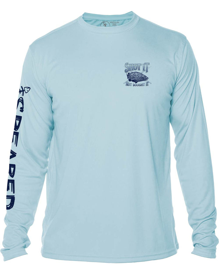 Shot It Not Bought It Gag Grouper: Long Sleeve UV UPF 50+ Protection T-Shirt: Lt Blue - Front