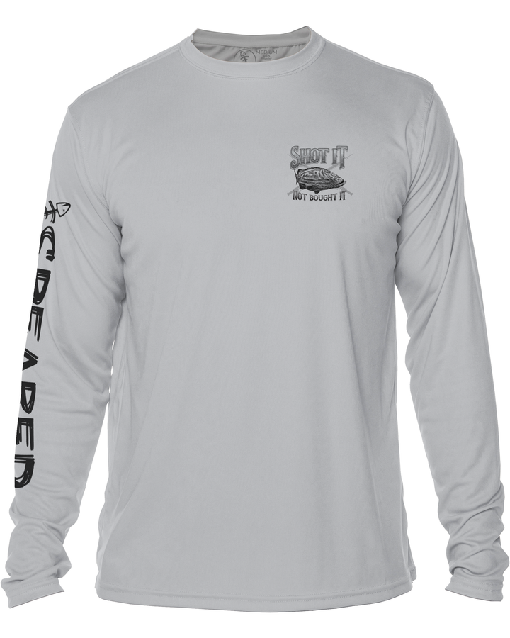 Shot It Not Bought It Gag Grouper: Long Sleeve UV UPF 50+ Protection T-Shirt: Gray - Front