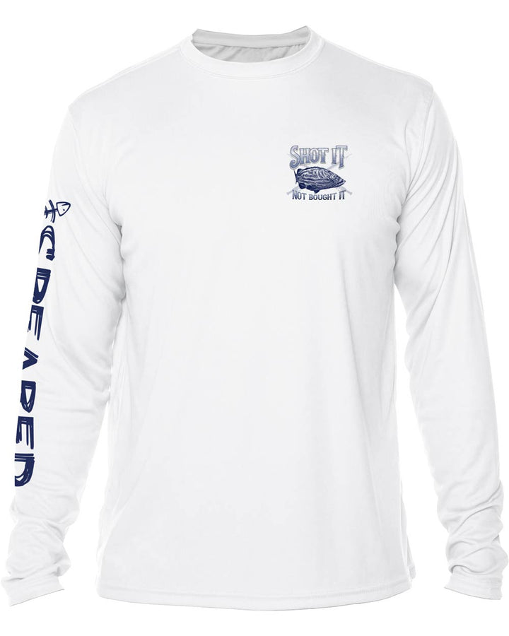 Shot It Not Bought It Gag Grouper: Long Sleeve UV UPF 50+ Protection T-Shirt:  White - Front