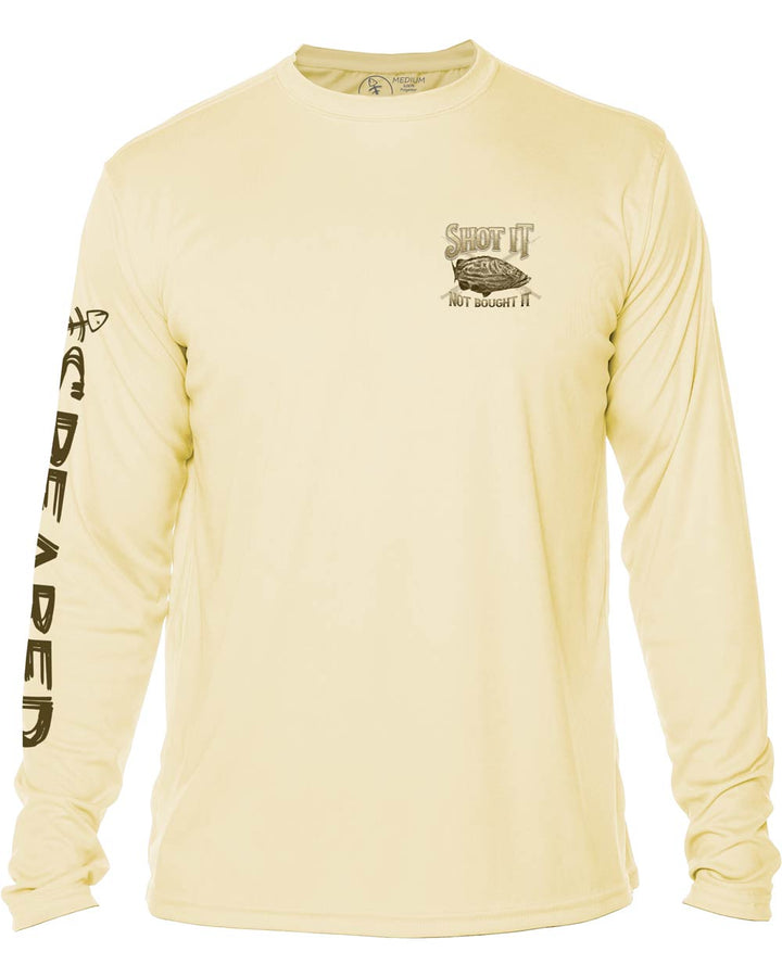 Shot It Not Bought It Gag Grouper: Long Sleeve UV UPF 50+ Protection T-Shirt:  Yellow - Front