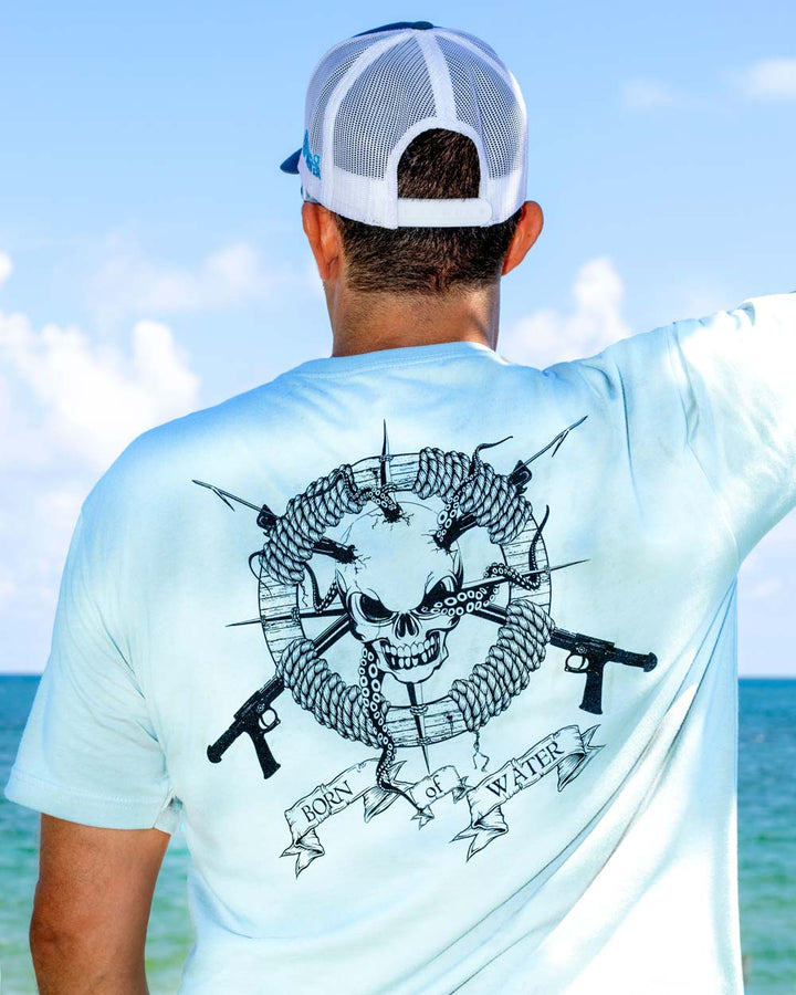 Spearfishing Shirt: Skull & Spearguns - Blue - Lifestyle