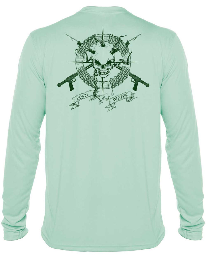 Skull & Spearguns: Spearfishing Shirt: Mens Long Sleeve UV UPF 50+ Protection T-Shirt: Seagreen - Back