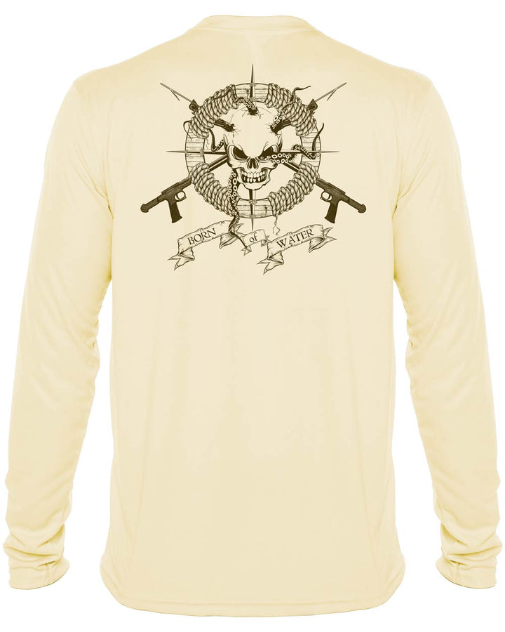 Skull & Spearguns: Spearfishing Shirt: Mens Long Sleeve UV UPF 50+ Protection T-Shirt:  Yellow - Back