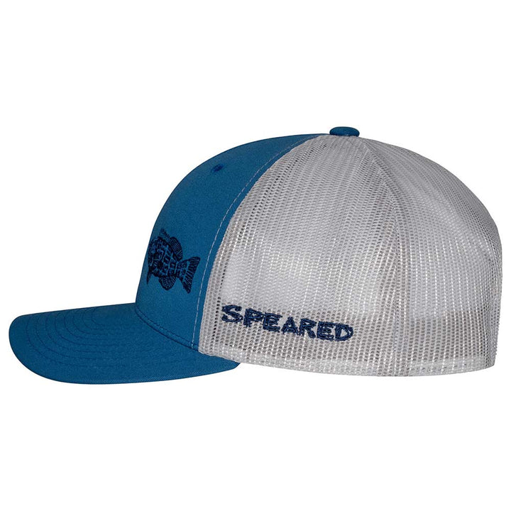 Speared Black Grouper Trucker Hat: Blue Steel/Silver - Side