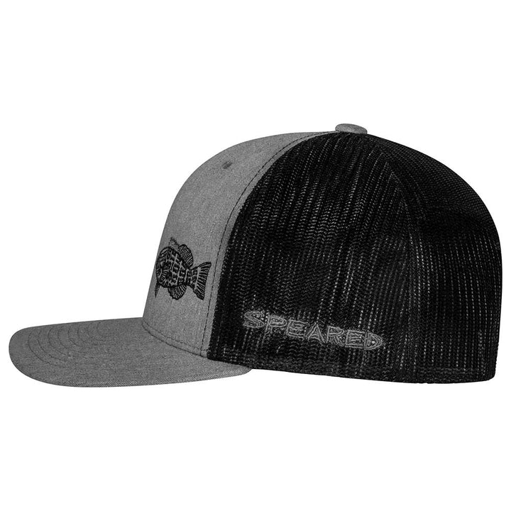 Speared Black Grouper Trucker Hat: Heather Gray/White - Side