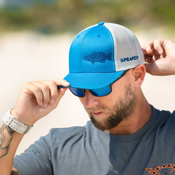 Spearfishing - Black Grouper Trucker Hat - Blue/Steel - Beach