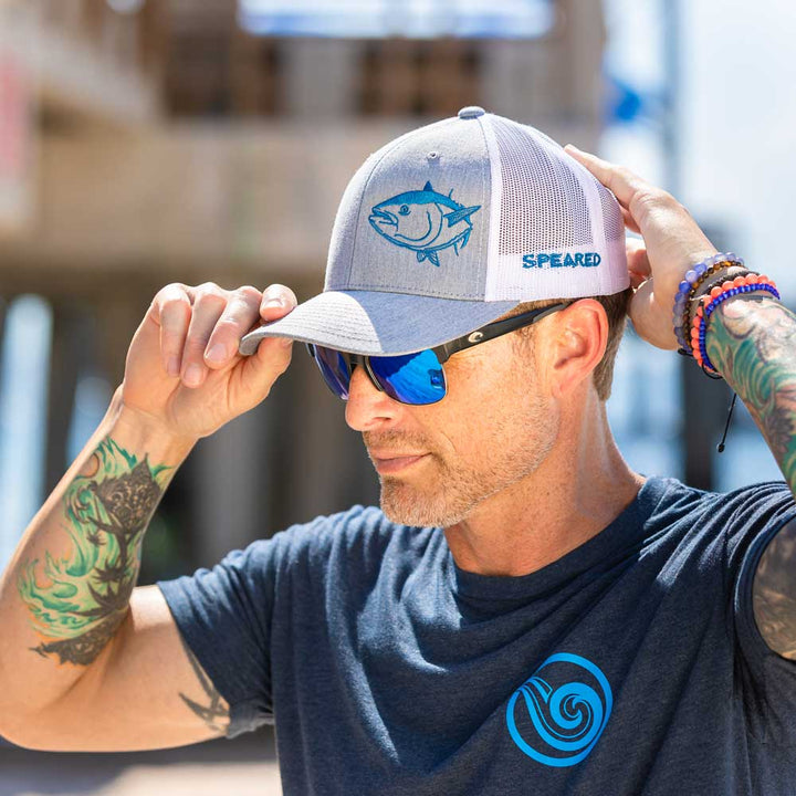 Speared Bluefin Tuna Trucker Hat: Heather Gray/White- Beach