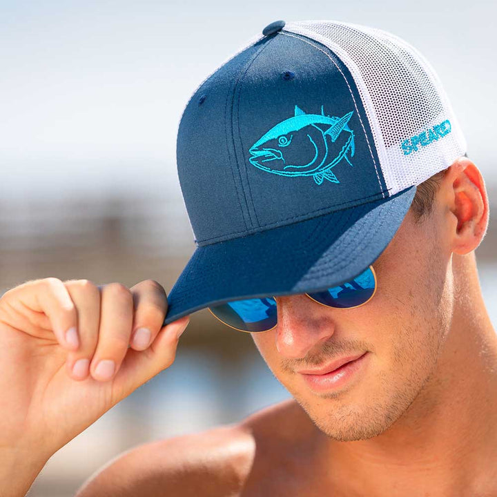 Speared Bluefin Tuna Trucker Hat: Navy/White- Beach