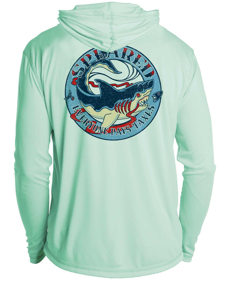 Everyone Pays Taxes Spearfishing: UV UPF 50+ Sun Protection Hoodie Down: Seagreen - Back