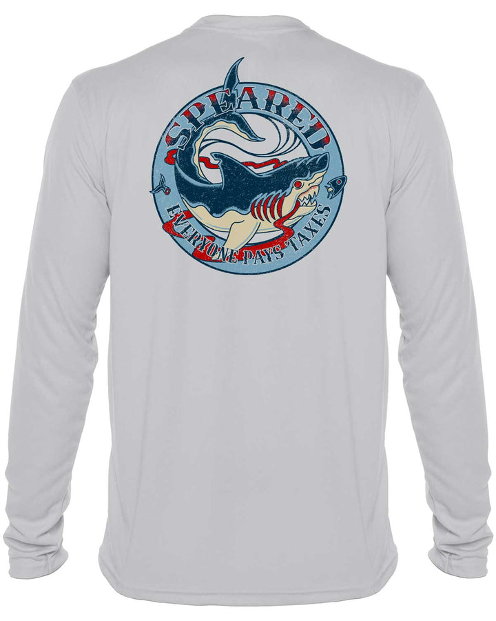 Everyone Pays Taxes Spearfishing: UV UPF 50+ Sun Protection Shirt Down: Gray - Back