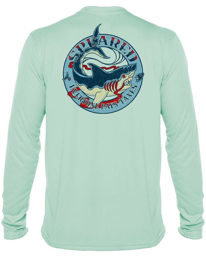 Everyone Pays Taxes Spearfishing: UV UPF 50+ Sun Protection Shirt Down: Seagreen - Back