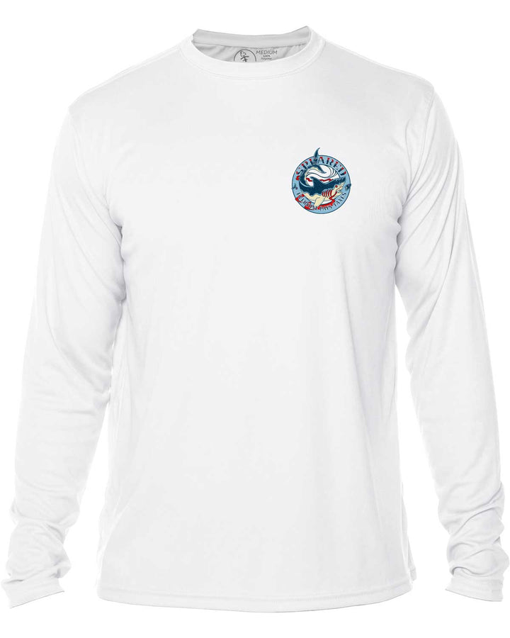 Everyone Pays Taxes Spearfishing: UV UPF 50+ Sun Protection Shirt: White - Front