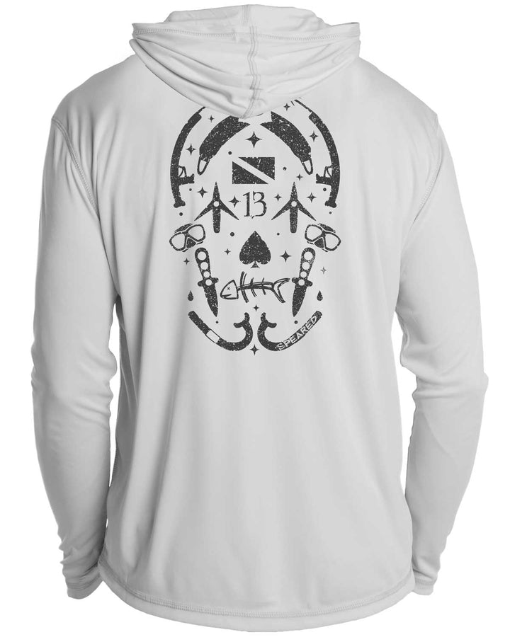 Gearhead Skull Spearfishing: UV UPF 50+ Sun Protection Hoodie Down: Gray - Back