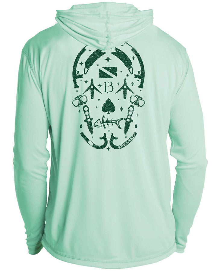 Gearhead Skull Spearfishing: UV UPF 50+ Sun Protection Hoodie Down: Seagreen - Back