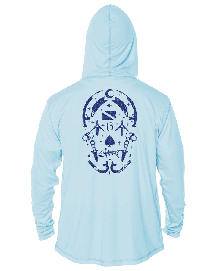 Gearhead Skull Spearfishing: UV UPF 50+ Sun Protection Hoodie Up: Lt Blue - Back