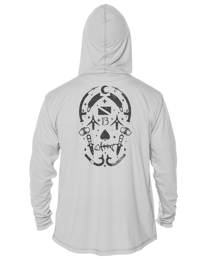 Gearhead Skull Spearfishing: UV UPF 50+ Sun Protection Hoodie Up: Gray - Back