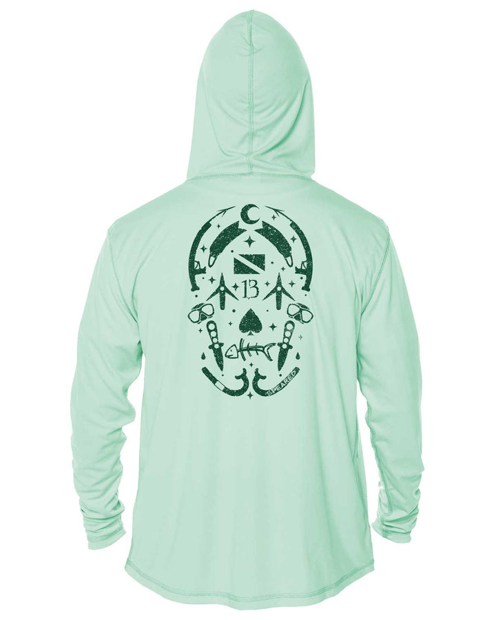 Gearhead Skull Spearfishing: UV UPF 50+ Sun Protection Hoodie Up: Seagreen - Back